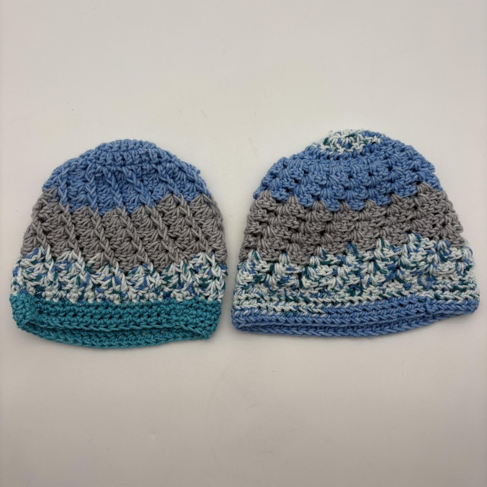 Handmade Beanie Hat‎ Set Of 2 Boys One Size Blue Gray Crochet Winter Multicolor